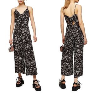 Topshop Floral Tie Front Wide Leg Jumpsuit Black White XS 2 NWT